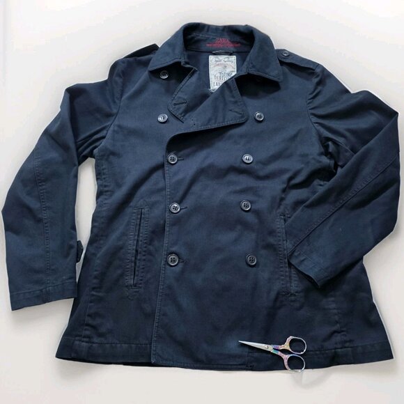Zara Trench Coat Men XL Navy Double Breasted Vented Twill Cotton Unlined Pockets - Picture 8 of 16